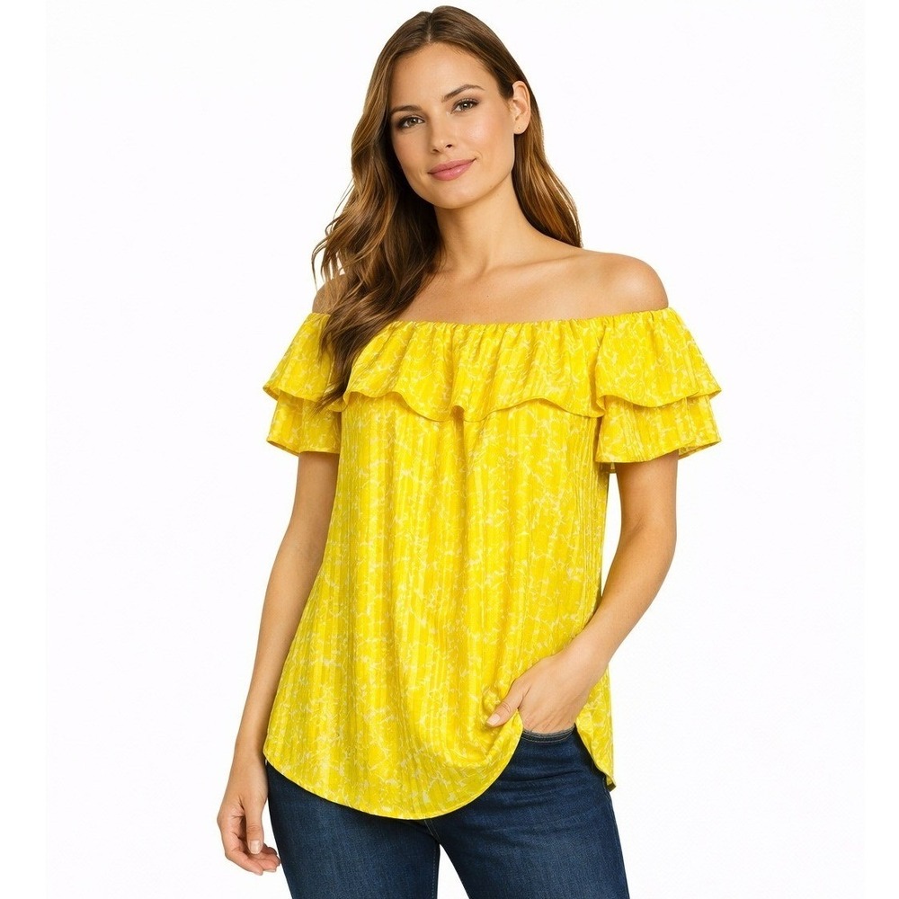 Michael Kors Off The Shoulder Top Womens Small Yellow Floral Ruffle Blouse